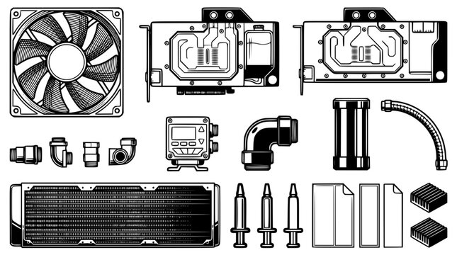 Detailed vector illustration of computer hardware components and tools set