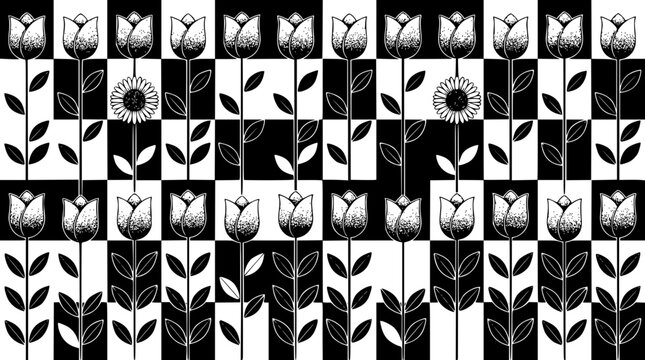 Black and white vector illustration of tulips and sunflowers in checkerboard pattern