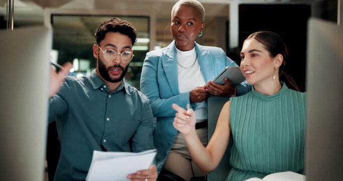 Discussion, manager and business people with tech in office, procrastination and neglect work task. Computer, happy team or director with check in for proposal delay, explain idea or writing notes