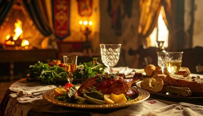 Fototapeta premium Festive Medieval Feast Laid Out Before a Roaring Fireplace.