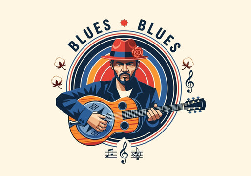 Vintage Blues Musician Illustration with Resonator Guitar and Retro Circular Background