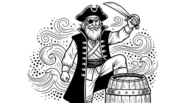 A fearless pirate stands on a barrel with a sword in hand