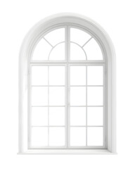 Fototapeta premium Elegant white arched window frame with detailed glass panes shown isolated on transparent background