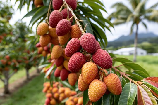 Ripe red and yellow lychee fruits hanging from a tree branch in a tropical orchard with palm trees.
