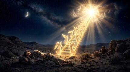 Naklejka premium Jacobs Dream a Radiant Golden Ladder to Heaven Luminous Angels Ascending and Descending Under a Star filled Desert Night Peaceful Biblical Scene