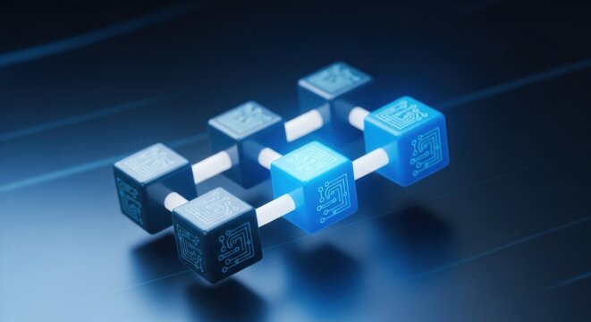 A blue and white blockchain chain with glowing nodes on a dark blue background.