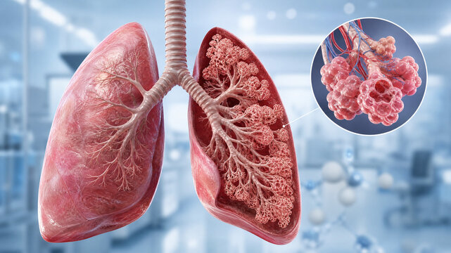 Detailed Human Lungs Anatomy with Alveoli and Bronchioles Structure 3D Rendering