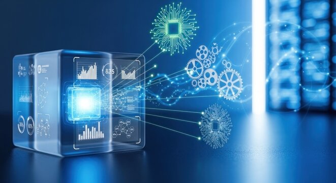A cube with a digital interface and gears on it, with a blurred background of a computer keyboard.