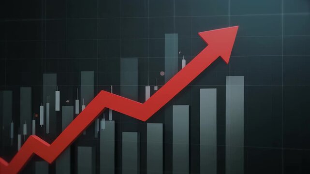 A rising red arrow indicates business growth on a graph with bars.