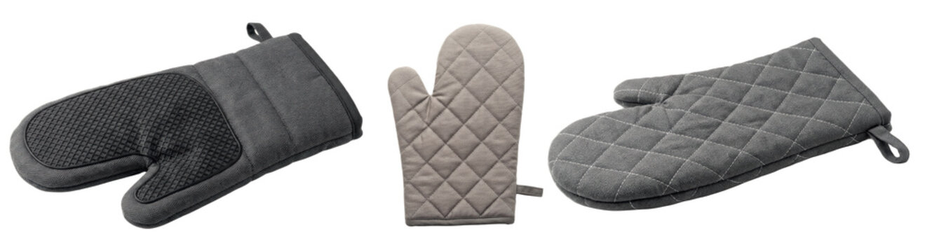 A Set of quilted oven mitts PNG graphics in neutral grey and black colors, heat resistant kitchen gloves for baking, cooking protection and home decor

