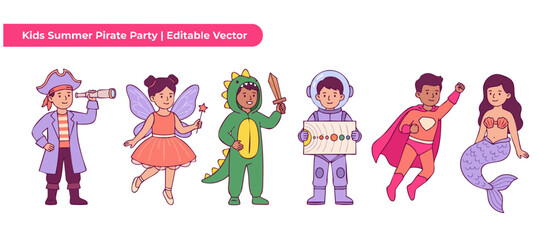 Fototapeta premium Children costume party vector characters standing together in cute fantasy outfits for kids birthday celebration, featuring pirate, fairy, dinosaur, astronaut, superhero, and mermaid concept art set.