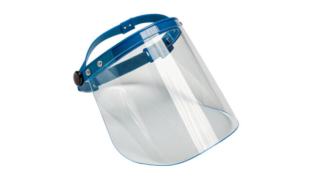 Clear plastic protective medical face shield mask gear isolated on transparent background