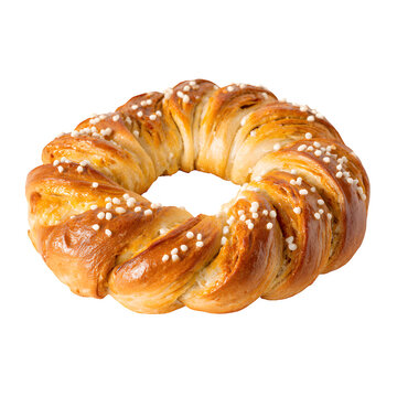 Golden braided sweet ring bread with shiny sugar crystals presented individually on transparent background