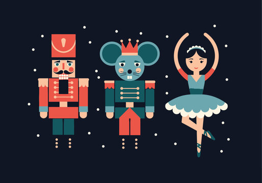 Nutcracker Ballet Vector Illustration Featuring the Nutcracker Soldier, Mouse King, and Ballerina Characters on a Festive Dark Background
