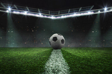 Fototapeta na wymiar textured soccer game field with neon fog - center, midfield