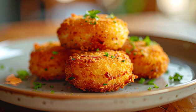 Cod fish croquettes on ceramic plate, crispy golden texture, blurred cafe background. Tasty food. Cooking and culinary concept. Close-up.