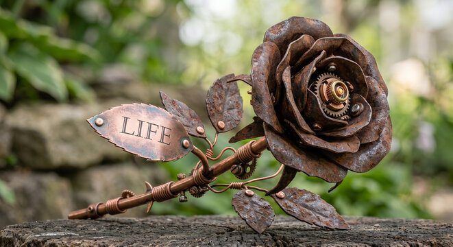 Mechanical iron rose with copper stems in a poetic industrial style, blending rusted metallic textures and natural elegance with &ldquo;LIFE&rdquo; engraving
