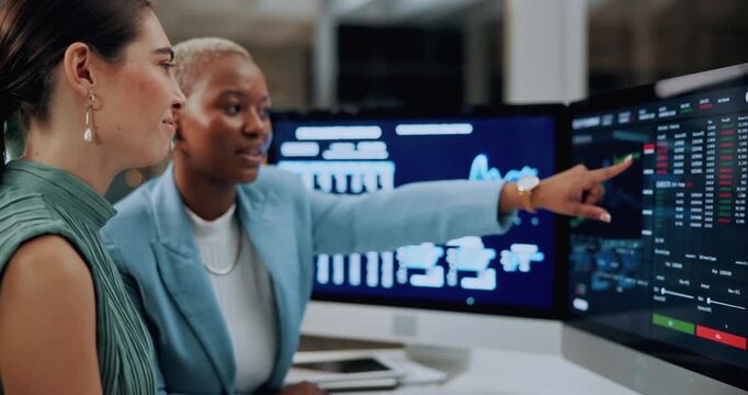 Chart, meeting and business women on computer screen for stock market, trading and investment. Corporate, night and people pointing on pc for financial review, graphs and research for cryptocurrency