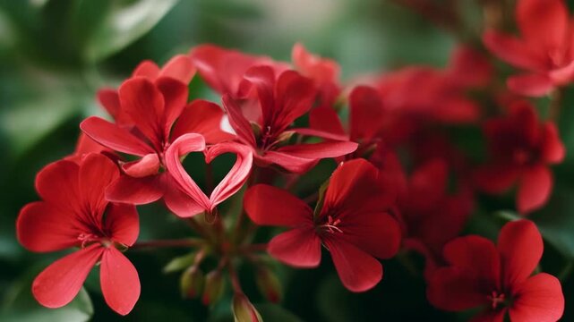 Red geraniums heart-shaped petals with lush green foliage