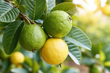 Fototapeta premium Close-up of ripe yellow and green guavas hanging on a branch with lush green leaves and sunlight.