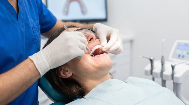 Dentist examining a patient with clear aligners in a dental clinic