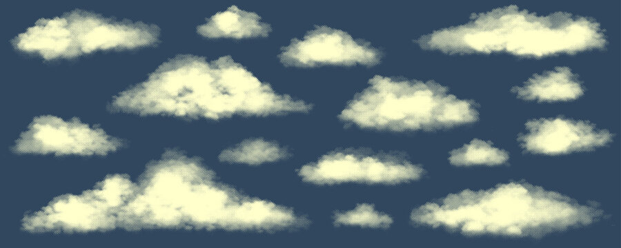 Abstract halftone clouds set displaying realistic cloud texture bundle on dark background for sky nature weather landscape poster printing clothing layout design element isolated clip art.
