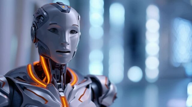 Calm, silver robot with glowing orange wiring