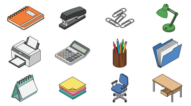 Isometric Office Supplies Icon Set: Stapler, Printer, Lamp, Desk, Chair, Calendar