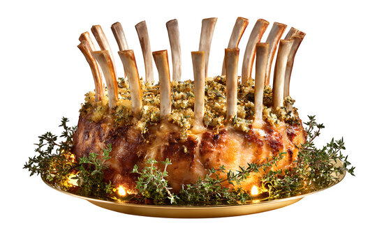 Delicious roasted crown rack of lamb seasoned with fresh aromatic herbs served on transparent background