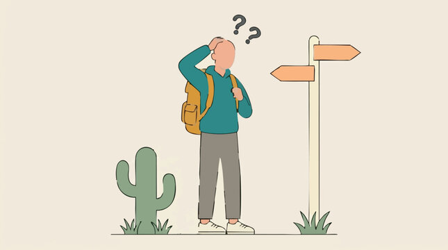 Confused traveler at crossroads making a difficult decision, flat illustration