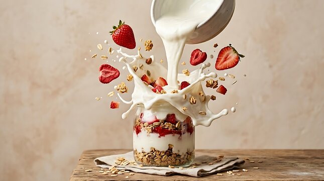 Susu segar dituang ke dalam toples parfait yogurt dan granola melambangkan kelimpahan nutrisi, awal hari produktif, dan harmoni tekstur makanan.