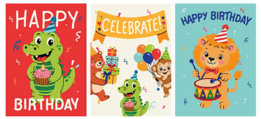 Fototapeta premium Cartoon Crocodile Monkey Bear and Lion Birthday Cards
