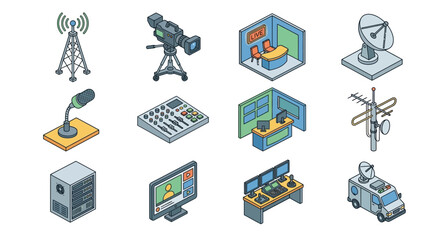 Fototapeta premium Isometric Broadcast Icons Set: TV Studio, Camera, Microphone, Server, Control Panel