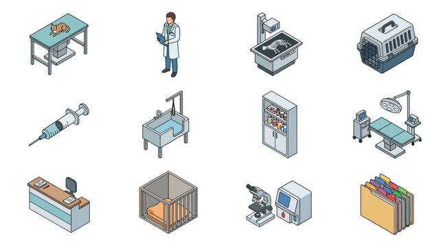 Veterinary Clinic Isometric Icons Set: Doctor, Exam Table, X-Ray, Cage, Syringe