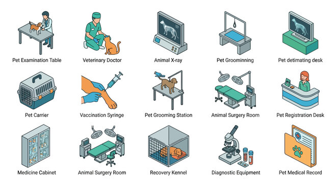 Isometric Veterinary Clinic Icons Set: 3D Pet Care, Animal Hospital, Medical Equipment
