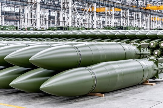Rows of large, green, military-grade bombs are neatly stacked and ready for deployment in a factory.