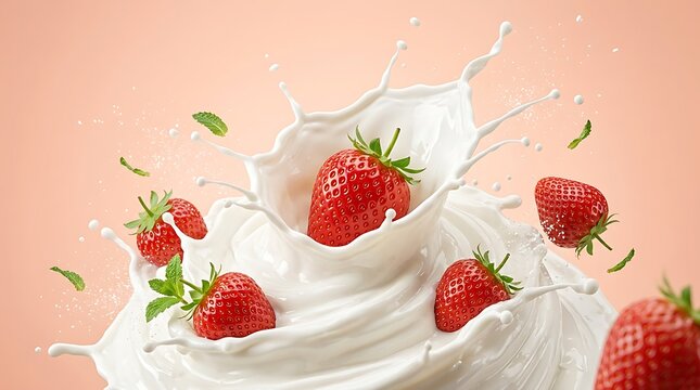 Buah stroberi utuh terjun menembus pusaran susu krim kental melambangkan kemewahan rasa manis, kelembutan nutrisi, dan kelezatan hidangan penutup premium.