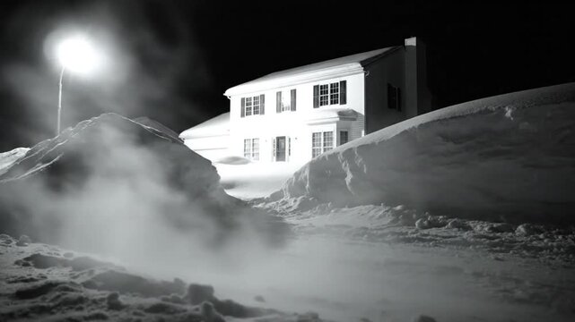 Black and white view of a snow covered suburban home at night with a street lamp and snow drifts