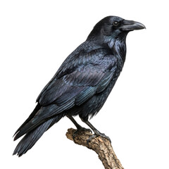 Obraz premium Black raven bird perched on wood