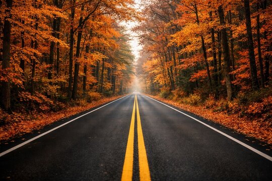 Empty highway road through vibrant autumn forest with colorful trees and peaceful seasonal scenery