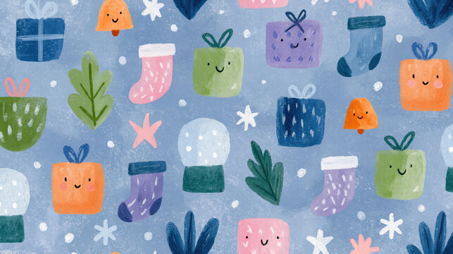 seamless christmas pattern featuring festive cartoon elements evokes whimsical holiday joy on light blue background