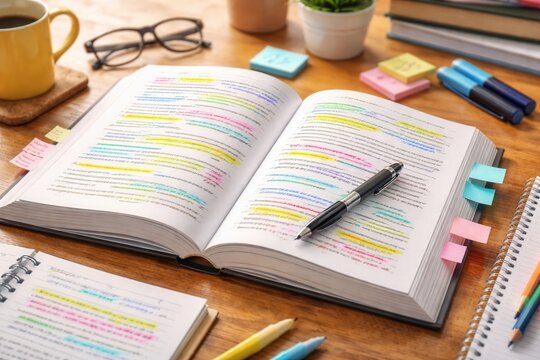 Open textbook with colorful highlights sticky notes and study supplies on wooden desk at home