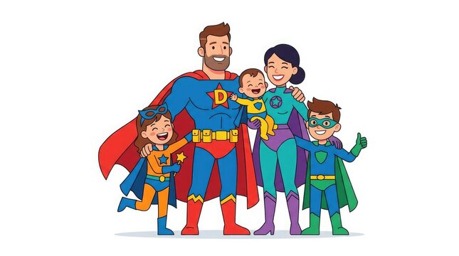 A family of five dressed as colorful superheroes standing together