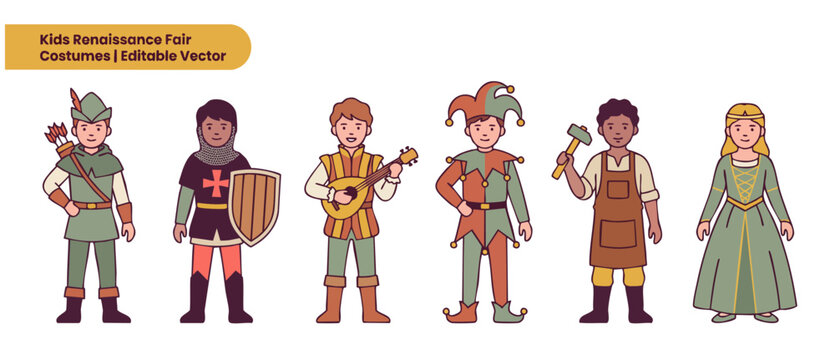 Medieval kids costumes cartoon vector set featuring cute diverse children in historical renaissance fair outfits including knight, princess, jester, archer, bard, and blacksmith for festival party use