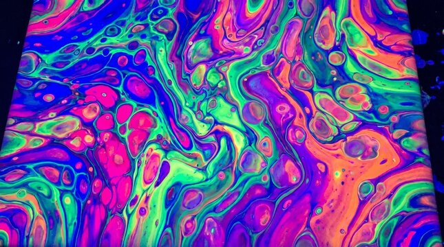 Abstract Acrylic Pour Painting with Vibrant Neon Colors Under UV Blacklight Glow