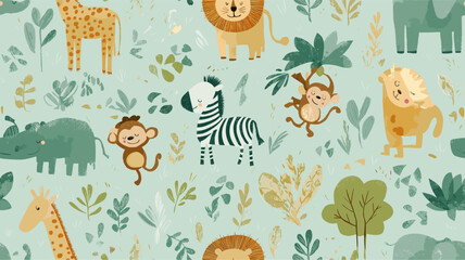 Fototapeta premium Safari animals pattern with giraffes, elephants, and lions on a light blue background. Cute cartoon jungle animals seamless pattern