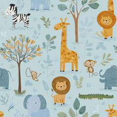 Fototapeta premium Safari animals pattern with giraffes, elephants, and lions on a light blue background. Cute cartoon jungle animals seamless pattern