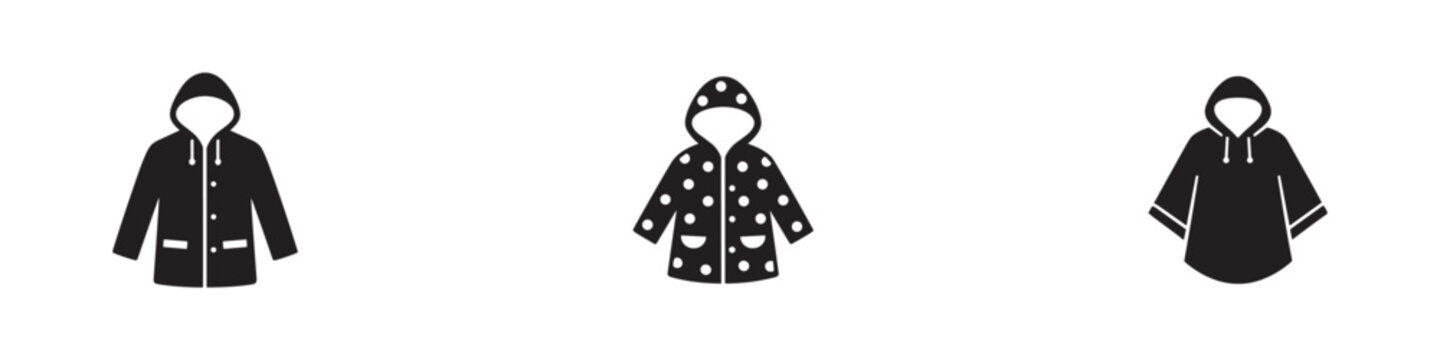 Waterproof raincoat and seasonal poncho jacket icon set. Classic hooded raingear, polka dot pattern coat and outdoor weather protection clothing. Vector illustration.