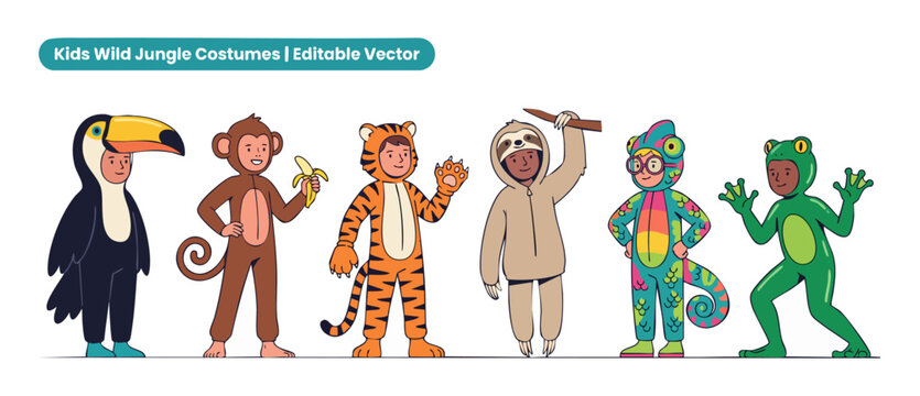 Kids jungle animal costumes vector set featuring happy children wearing cute toucan monkey tiger sloth chameleon and frog outfits for carnival birthday party school play and mascot character design.