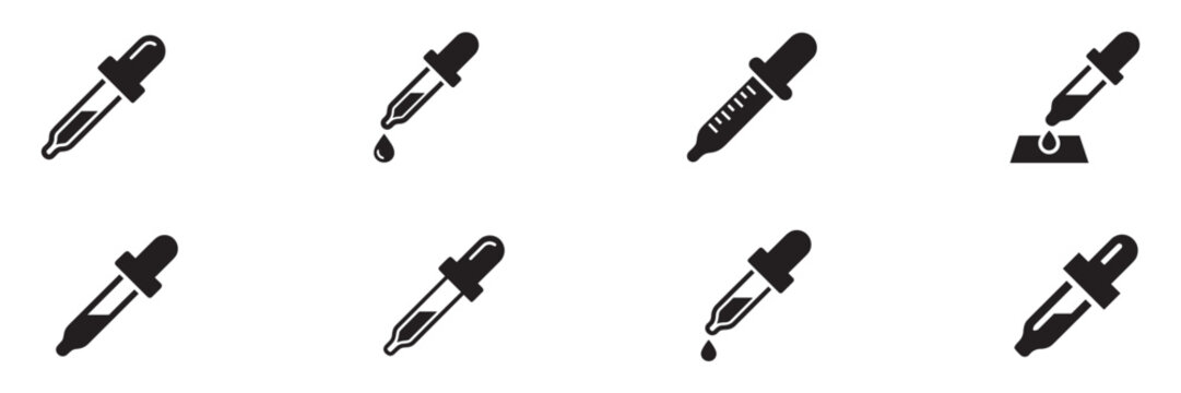 Pipette and dropper icon set. Laboratory equipment, medical glass dropper, liquid drop, chemistry research, medicine and cosmetic oil symbols. Vector illustration.